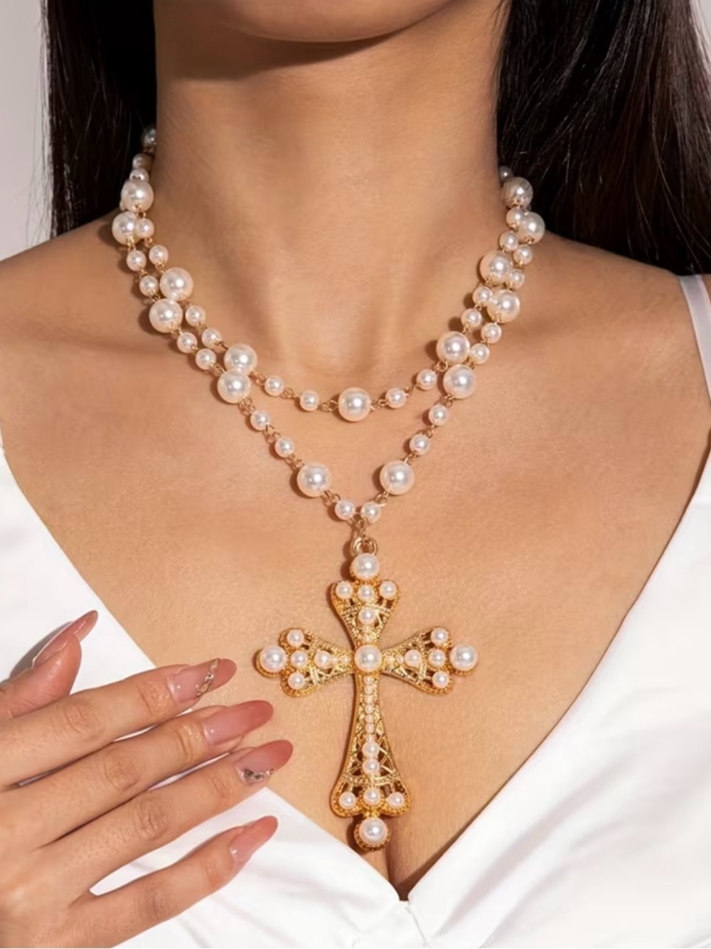 NEW! Pearl & Gold Statement Cross Pendant Necklace. A7-222